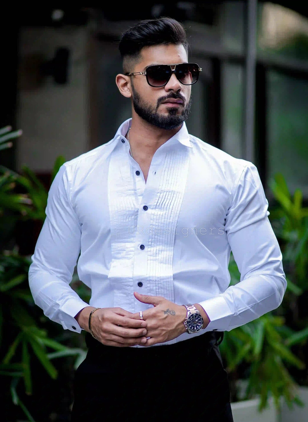 Men's White Tuxedo Dress Shirt Tuxedo Pintex Dress Shirt for Men Full