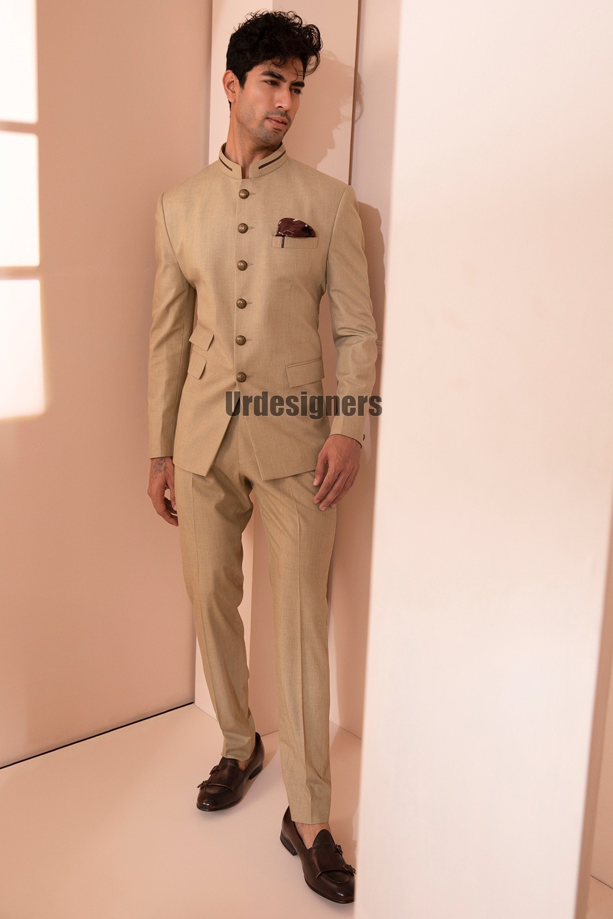 Enriching Beige Color Readymade Rayon Fabric Jodhpuri Suit