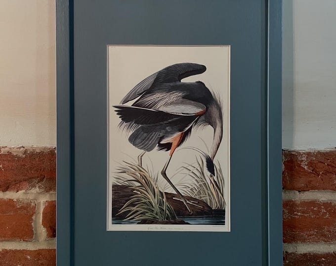 Featured listing image: Vintage 'Great Blue Heron' Print by J Audubon, with Hand-Painted Frame & Mount | Bespoke Animal Wall Decor | Unique Gift for Wildlife Lovers