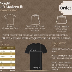 Op de afbeelding: Unisex crew neck t-shirt maattabel met metingen in inches voor borst en lengte. De tabel omvat maten XS tot 3XL. De afbeelding bevat ook instructies voor het selecteren van een kleur en maat, het toevoegen van items aan een winkelwagen en het indienen van een bestelling. De tekst "Bestel nu!" wordt weergegeven in een gouden banner.