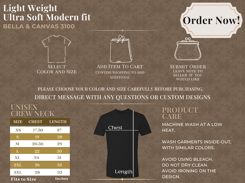 Op de afbeelding: Unisex crew neck t-shirt maattabel met metingen in inches voor borst en lengte. De tabel omvat maten XS tot 3XL. De afbeelding bevat ook instructies voor het selecteren van een kleur en maat, het toevoegen van items aan een winkelwagen en het indienen van een bestelling. De tekst "Bestel nu!" wordt weergegeven in een gouden banner.