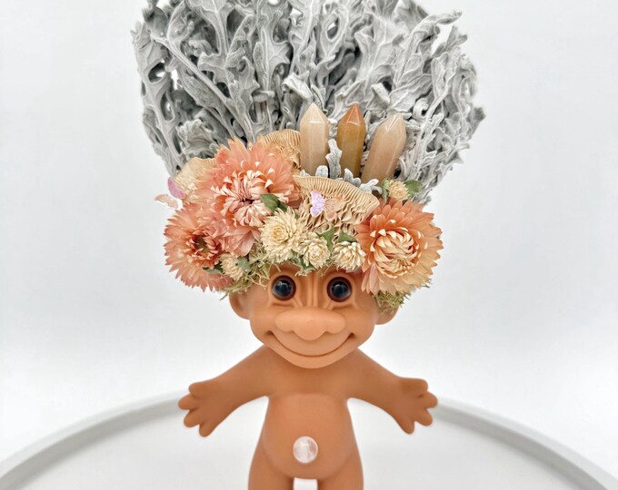 Vintage Troll Doll With Dried Flowers, Mushrooms, and Peach Colored ...