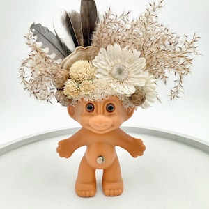 Vintage Troll Doll with Dried Grass, Real Feathers, Dry Mushrooms, Dried Flowers– Unique Boho Gift or Decor, One of a Kind Nature Lover Gift