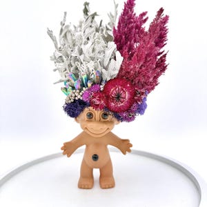 Botanical Crystal Troll Doll, Vintage Repurposed Decor, Dried Flower Art, Altar Figurine, One of a Kind Nature Gift, Unique Witchy Troll