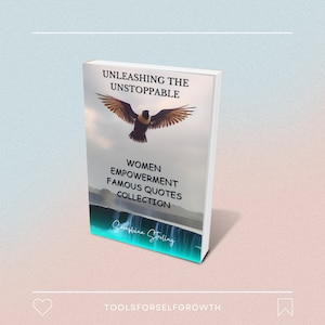 Puede incluir: Portada de libro con un fondo azul y blanco que presenta un pájaro en vuelo. El título es "UNLEASHING THE UNSTOPPABLE" y el subtítulo es "WOMEN EMPOWERMENT FAMOUS QUOTES COLLECTION". El nombre del autor es "Seraphina Sterling".
