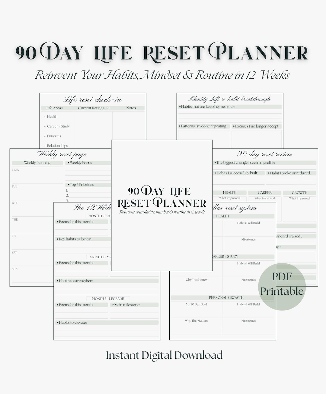 90 Day Life Reset Planner | 12 Week Transformation Workbook | Habit ...