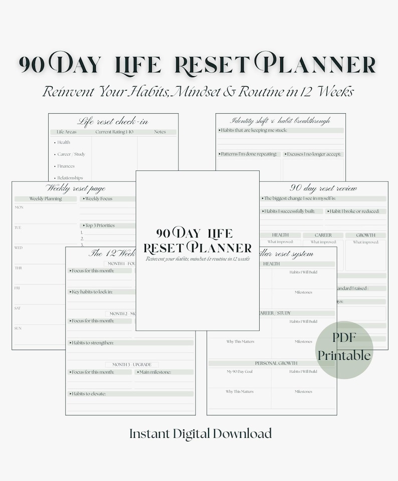 90 Day Life Reset Planner | 12 Week Transformation Workbook | Habit ...