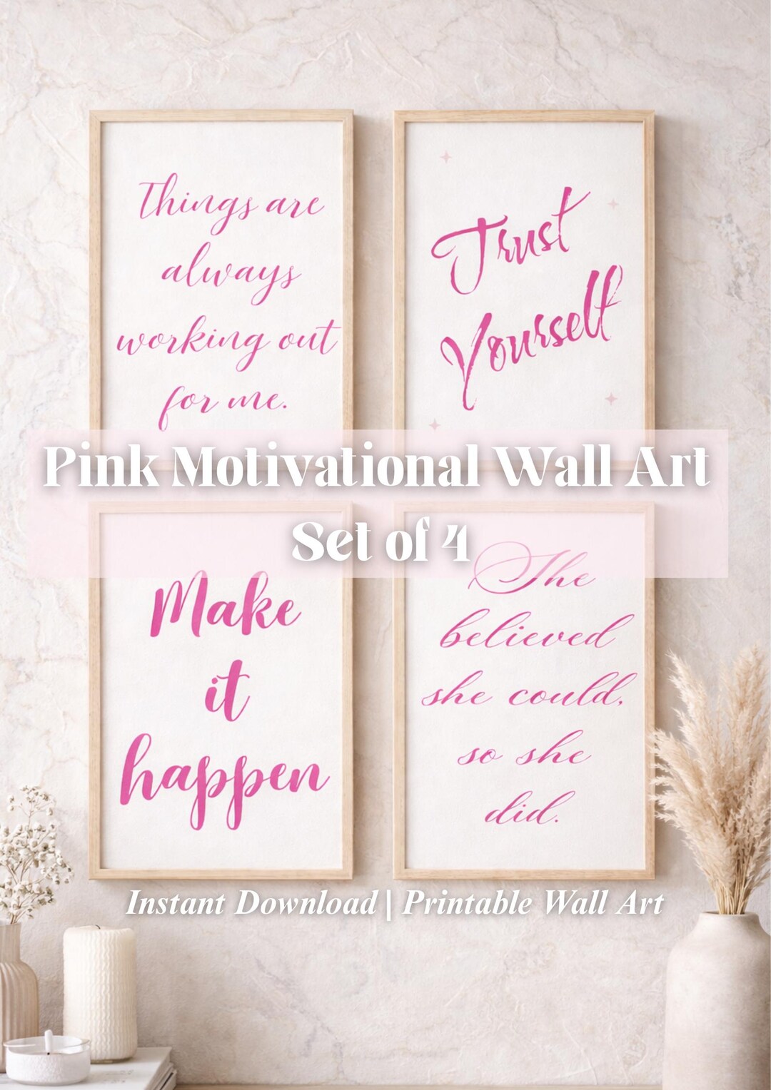 Pink Motivational Wall Art Set of 4 | Feminine Quote Prints | Minimal ...