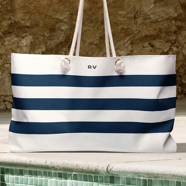 Monogram Beach Bag · Personalized Large Tote · Classic Nautical Stripes Blue