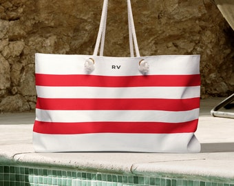 Monogram Beach Bag · Personalized Large Tote · Classic Nautical Stripes Red