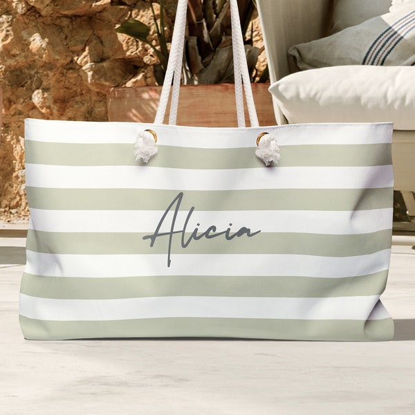 Personalized Beach Bag · Custom Large Tote · Classic Stripes Green