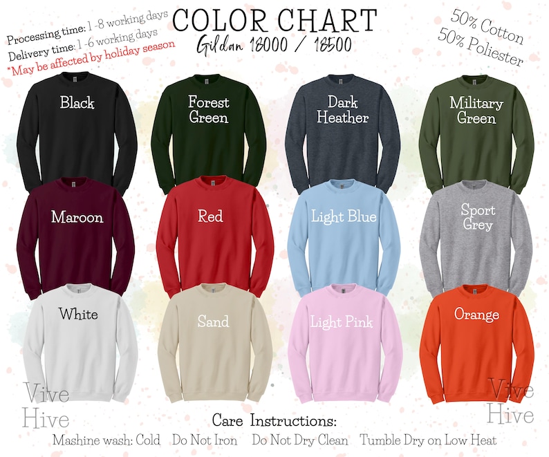 May include: Color chart for Gildan 18000/18500 sweatshirts, showing 12 different colors: black, forest green, dark heather, military green, maroon, red, light blue, sport grey, white, sand, light pink, and orange. The sweatshirts are 50% cotton and 50% polyester.