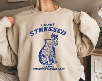 Inte stressad tröja Capybara Sweatshirt Capybara gåva tröja tvättbjörn meme tröja skräp panda konstig tröja tvättbjörnspresenter konstiga tröjor ironiska