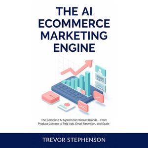 May include: A book cover titled The AI Ecommerce Marketing Engine by Trevor Stephenson. The cover features a dark blue laptop with light blue bar charts, a pink upward-trending arrow, and small pink and blue icons representing digital marketing data.