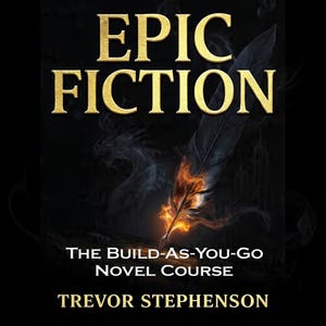 May include: A book cover titled EPIC FICTION: THE BUILD-AS-YOU-GO NOVEL COURSE by Trevor Stephenson. The design features a large, dark feather quill pen with a glowing orange flame at its tip, set against a black background with subtle smoke.
