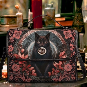 Witchy Black Cat Satchel Bag, Cottagecore Goth Witch Crossbody Feline Lover Bag, Organized Witchcraft Bag, Gothic Cat Handbag Gift for Goths