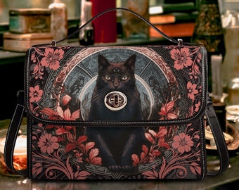 Witchy Black Cat Satchel Bag, Cottagecore Goth Witch Crossbody Feline Lover Bag, Organized Witchcraft Bag, Gothic Cat Handbag Gift for Goths