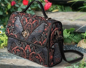 Bolso satchel de cuervo brujo, bolso de bosque de helechos crossbody de bruja gótica Cottagecore, bolso de brujería organizado, regalo de bolso de cuervo gótico para godos