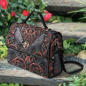 Witchy Raven Satchel Bag, Cottagecore Goth Witch Crossbody Fern Forest Bag, Organized Witchcraft Bag, Gothic Crow Handbag Gift for Goths