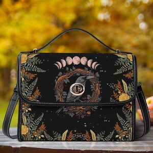 Witchy Raven Satchel Bag, Cottagecore Goth Witch Crossbody Fern Forest Bag, Organized Witchcraft Bag, Gothic Crow Handbag Gift for Goths