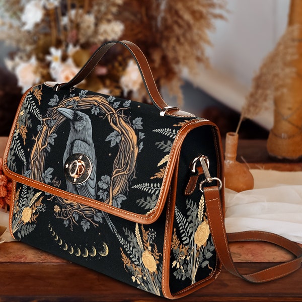 Bolso satchel de cuervo brujo, bolso de bosque de helechos crossbody de bruja gótica Cottagecore, bolso de brujería organizado, regalo de bolso de cuervo gótico para godos