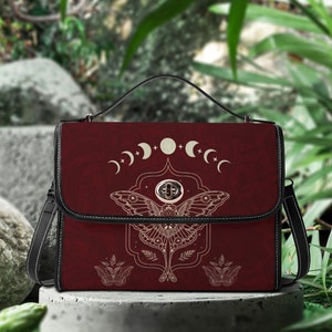 Celestial Moth Purse Satchel Bag, Cottagecore Goth Moon Phase Crossbody Moth Bag, Organized Witchcraft Bag, Gothic Lunar Moth Handbag