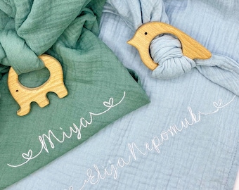 Burp cloth personalized with name and wooden grasping toy – muslin cloth made of 100% cotton | Muslin cloth, nursing scarf, gift for birth & baptism
