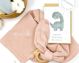 Burp cloth personalized with name and wooden grasping toy – muslin cloth made of 100% cotton | Muslin cloth, nursing scarf, gift for birth & baptism