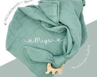 Burp cloth embroidered with name + with wooden grasping toy – muslin cloth made of 100% cotton | Muslin cloth, nursing scarf, gift for birth & baptism
