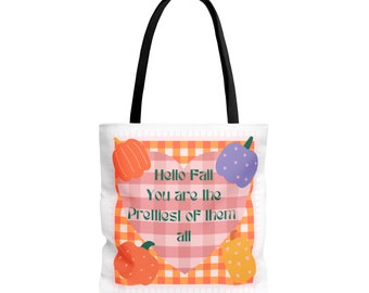 Fall Tote Bag (AOP), Pumpkin Fall Tote, Gingham Fall Tote, Cute Pumpkin Fall Tote, Fall Bag, Holiday Bag, Gift for her, Gift for Women