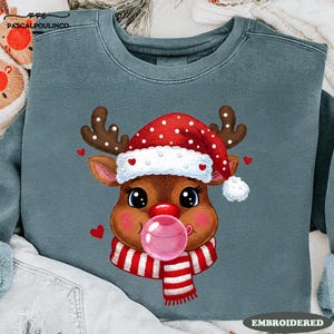 Cute Reindeer Embroidered Christmas Sweatshirt, Bubblegum Reindeer Shirt, Cozy Holiday Embroidery, Santa Hat Xmas Gift Top