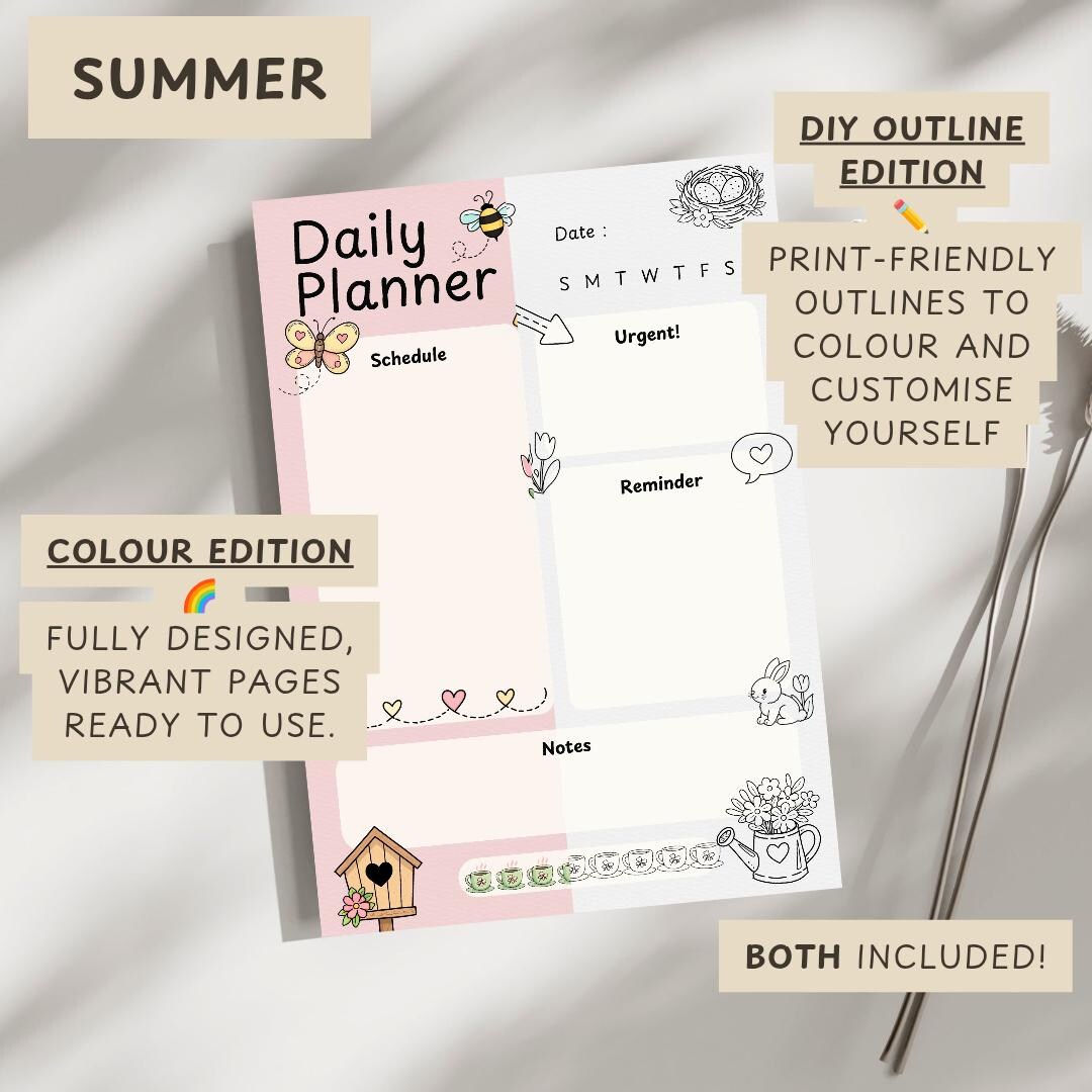 Spring Daily Planner Printable PDF | Colour & Outline Versions ...