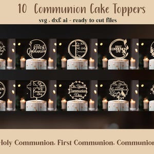 Lot de 10 fichiers pour décoration de gâteau de communion, découpe laser SVG, motifs croix, colombe, fleurs et coeur