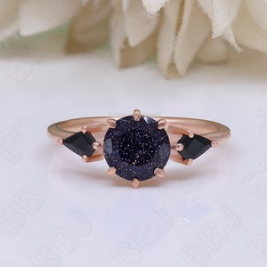 Round Blue Sandstone Gemstone 925 Silver 14K 18K Rose Gold Solitaire Engagement Promise Statement Ring Birthday Anniversary Graduation Gift
