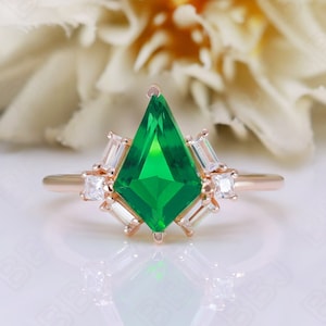 Kite Emerald Gemstone 925 Silver 14K Rose Gold Wedding Engagement Ring Statement Solitaire Birthday Anniversary Graduation Gift For Her