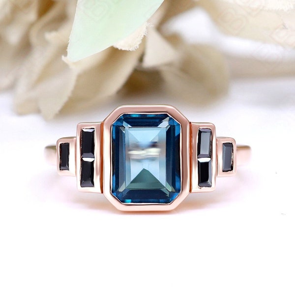 Octagon London Blue Topaz Gemstone 925 Silver 14K 18K Rose Gold Engagement Promise Statement Ring Birthday Anniversary Graduation Gift