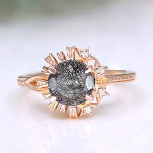 Round Black Rutilated Quartz 925 Silver 14K 18K Rose Gold Art Deco Ring Engagement Promise Statement Birthday Graduation Gift For Her