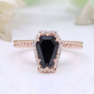 Coffin Black Onyx Gemstone 925 Silver 14K 18K Rose Gold Engagement Promise Statement Art Deco Ring Birthday Anniversary Graduation Gift