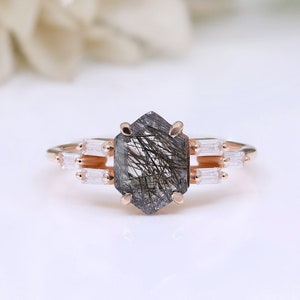 Hexagon Black Rutilated Quartz 925 Silver 14K 18KRose Gold Dainty Ring For Her Engagement Promise Statement Ring Birthday Graduation Gift