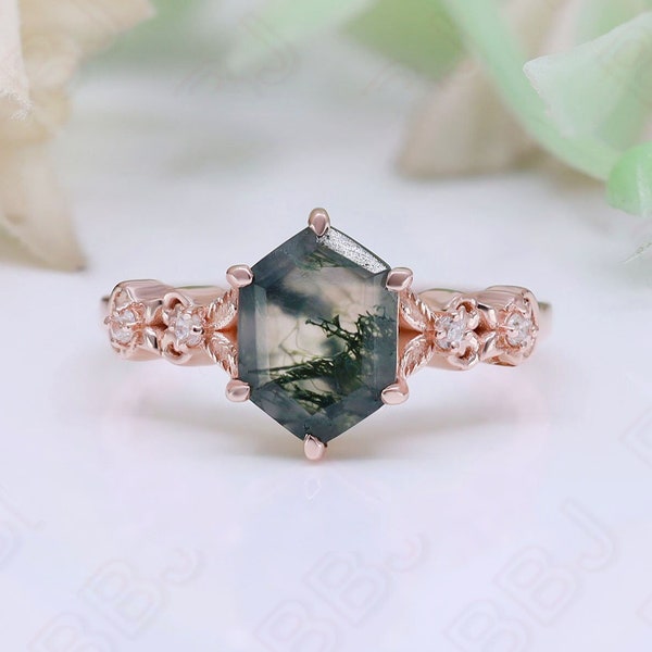 Hexagon Moss Agate Gemstone 925 Silver 14K Rose Gold Filigree Engagement Promise Leaf Ring Birthday Anniversary Graduation Gift For Her
