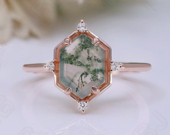 Hexagon Moss Agate Gemstone 925 Silver 14K Rose Gold Art Deco Dainty Engagement Promise Statement Ring Birthday Anniversary Graduation Gift