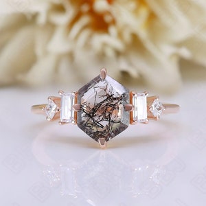 Hexagon Black Rutilated Quartz 925 Silver 14K 18KRose Gold Dainty Ring For Her Engagement Promise Statement Ring Birthday Graduation Gift