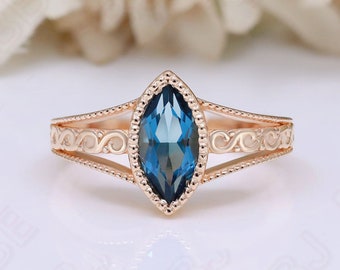 Marquise London Blue Topaz Ring, 925 Silver 14K Rose Gold, Art Deco Style