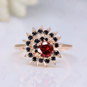 Dancing Peacock Round Red Garnet Gemstone 925 Silver 14K 18K Rose GoldEngagement Promise Statement Ring Birthday Anniversary Graduation Gift