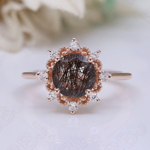 Round Black Rutilated Quartz 925 Silver 14K 18K Rose Gold Art Deco Ring Engagement Promise Statement Birthday Graduation Gift For Her