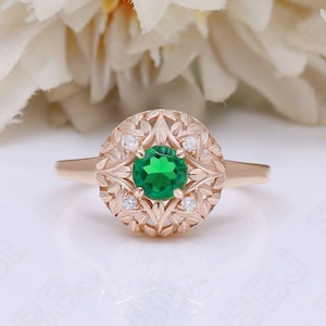 Art Deco Lab Emerald Ring, 14K Rose Gold, Moissanite Accents