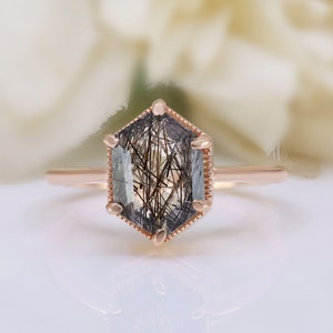 Hexagon Black Rutilated Quartz 925 Silver 14K 18K Rose Gold Solitaire Dainty Ring Engagement Promise Statement Birthday Graduation Gift