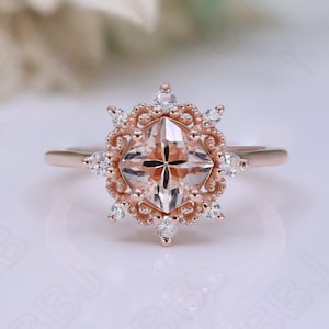 Cushion Light Peach Morganite Gemstone 14K 18K Rose Gold Ring For Her Engagement Promise Statement Ring Birthday Anniversary Gift For Her