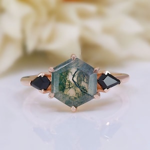 Hexagon Moss Agate Gemstone 925 Silver 14K 18K Rose Gold Art Deco Engagement Promise Statement Ring Birthday Anniversary Graduation Gift