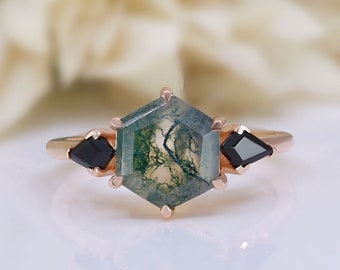 Hexagon Moss Agate Gemstone 925 Silver 14K 18K Rose Gold Art Deco Engagement Promise Statement Ring Birthday Anniversary Graduation Gift